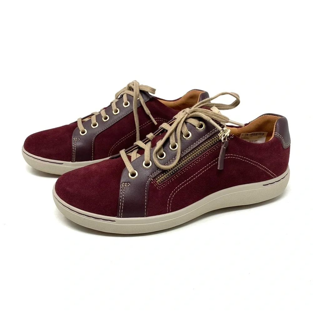 Clarks Nalle Lace Sneaker Burgundy Suede Zip Wide Width Comfort Walking Shoe